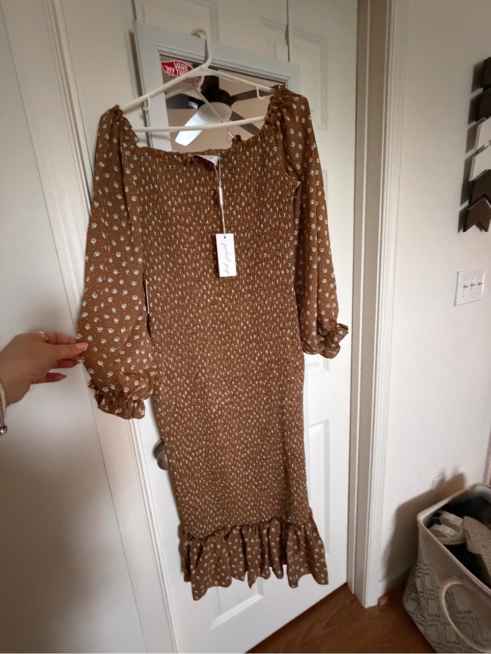 Petal & Pup Mustard Brown Floral Off-Shoulder Midi Dress